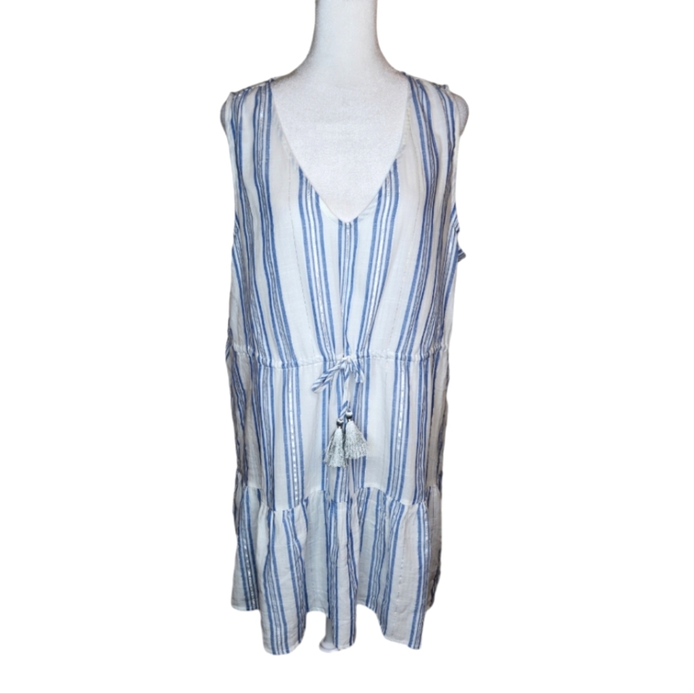 NEW J Crew Factory White Blue Silver Metallic Striped Drawstring Waist D…